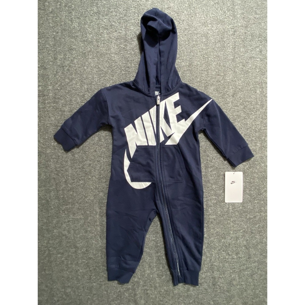 Nike Baby Boy Navy Blue Full Zip Hooded Romper One Piece Size 12M NWT